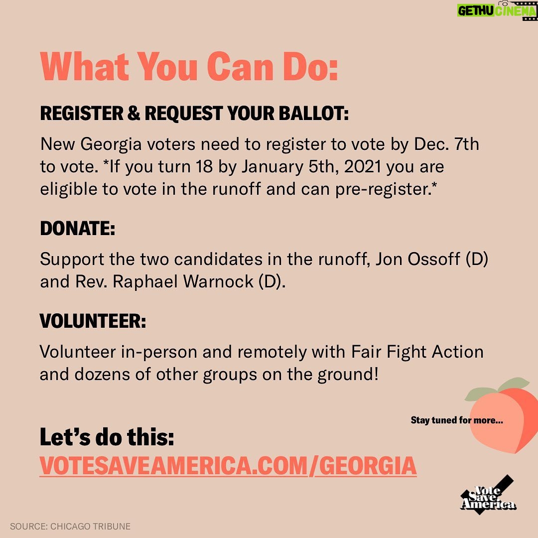 Julia Louis-Dreyfus Instagram - The Peach State will be holding two very competitive Senate runoffs on January 5 that will determine the control of the Senate. Let’s win these seats! 🍑 Go to @VoteSaveAmerica’s Georgia site for voter information, funds to donate to (either the Warnock + Ossoff campaigns or organizers on the ground), and ways to volunteer ➡️ link in bio. #GetMitchOrDieTrying