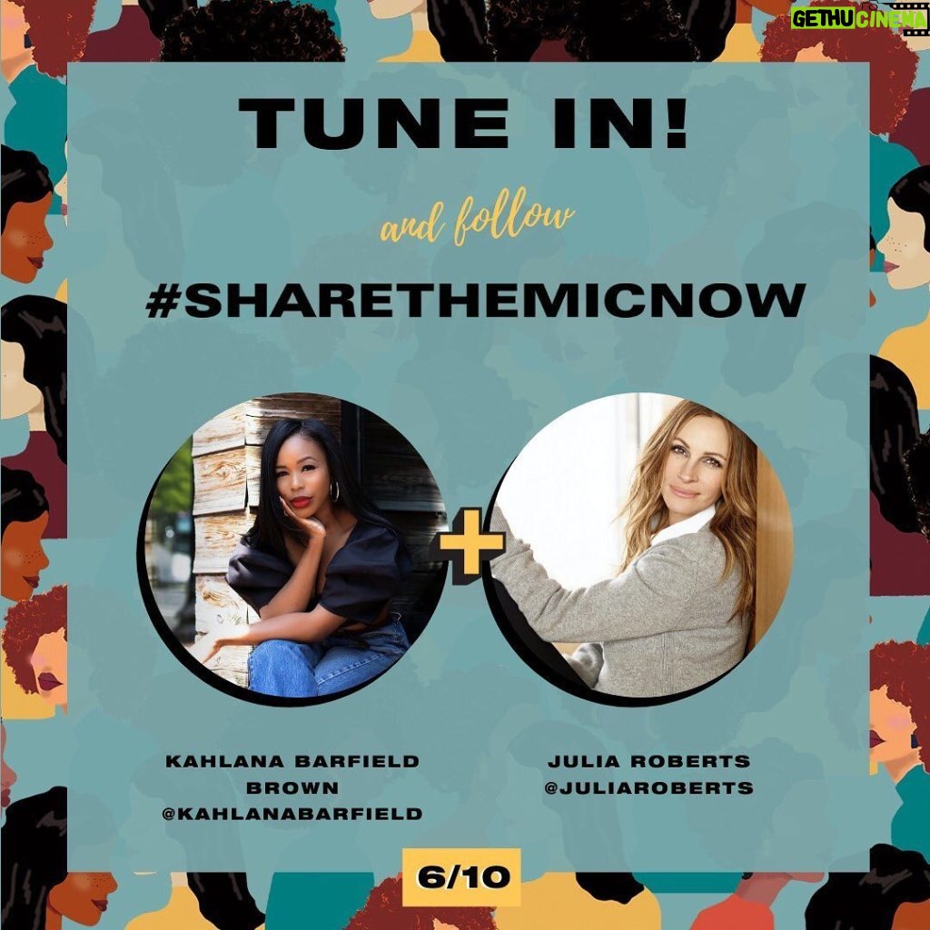 Julia Roberts Instagram - Today, I am thrilled to #ShareTheMicNow with my friend @kahlanabarfield I have known Kahlana for over 10 years and she has always been a source of not only great wit and intellect but compassionate insight. She has some truly thoughtful and thought provoking views to share. I will be tuned in. Hope you will be listening too! The time is now. ♥️ #iloveher