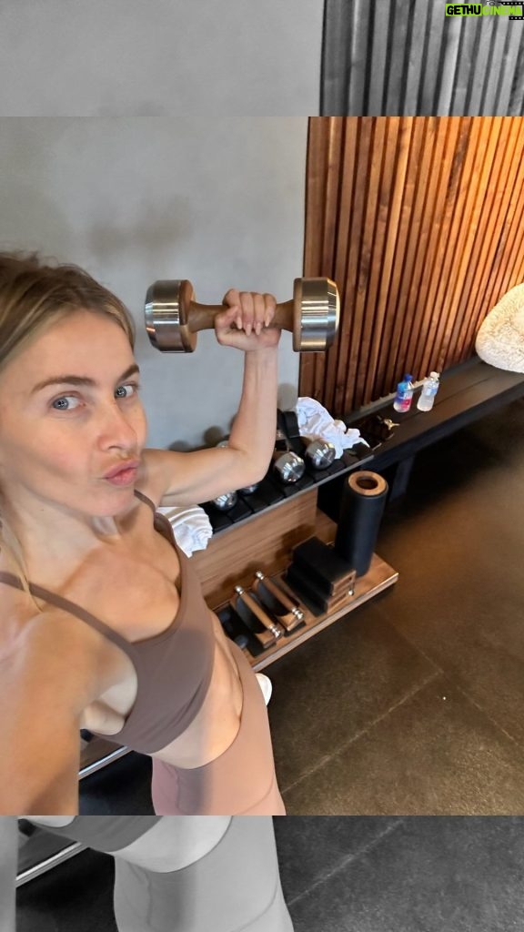 Julianne Hough Instagram - It feels so gooood to be back 💪🏻 Grab some weights, and let’s do this together - check out my workout routine below! Squat press - 8 reps each side Lunge to step up with shoulder press - 8 reps each side Four square hops with ball drop - 3 rounds Walking lunges - 10 reps each side Sled push Pull-ups - as many as you can