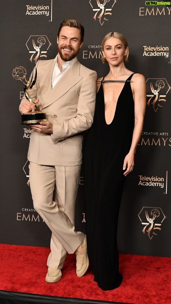 Julianne Hough Instagram - What an honor to present last night at the 75th Creative Arts Emmys, and an even bigger honor to have stood there in support as my brother won his 4th Emmy! Not only is he the most nominated choreographer (14 times!) in history, but to have won such an amazing award after this past month was an extraordinary way to welcome Derek home - a true depiction of experiencing the highs and lows while so gracefully showing up in gratitude Derek! So proud of you! Love you ❤️