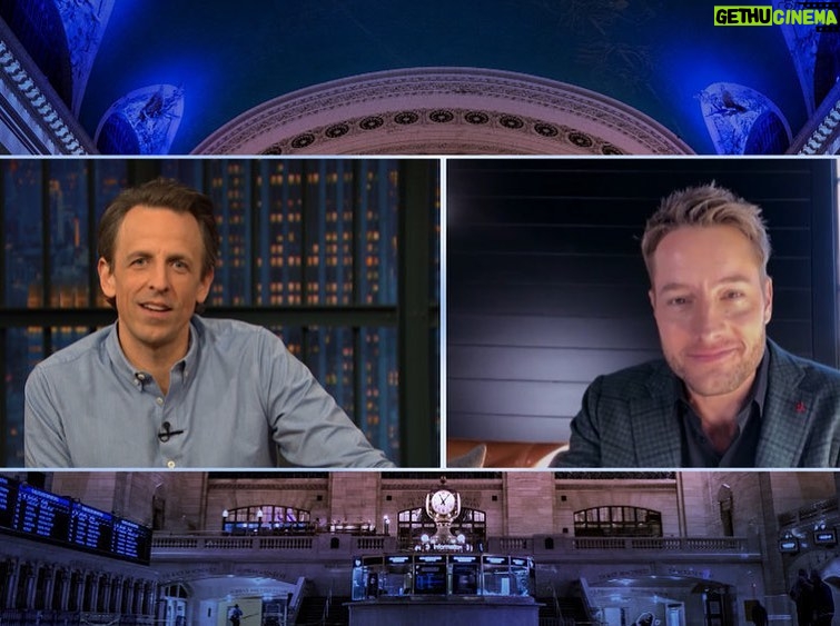Justin Hartley Instagram - Fun hanging with this lovely human. Thanks for having me on. Tune in tonight! @latenightseth