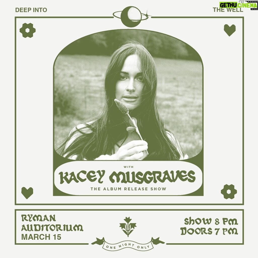 Kacey Musgraves Instagram - 𝓓𝓮𝓮𝓹𝓮𝓻 𝓦𝓮𝓵𝓵 ~ the album played live in it’s entirety for the very first time. One night only. 🤍 Pre-sale starts today at 12pm CT. Tickets on sale tomorrow at 10am CT. 🌲 ALSO🌲 I’ve partnered with @crcompact to ensure that for every single ticket bought to this show there will be a tree planted in Nashville to help regenerate green growth in neighborhoods that really need it. Link in bio. Ryman Auditorium
