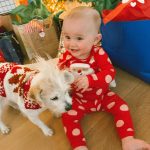 Kaley Cuoco Instagram - Happy Holidays from Tildy, Ruby, and the entire @ohnorman family 🐕🐶 We hope your holidays are easier than snapping a photo of a dog in a sweater and an 8 month old in her holiday finest 🙃