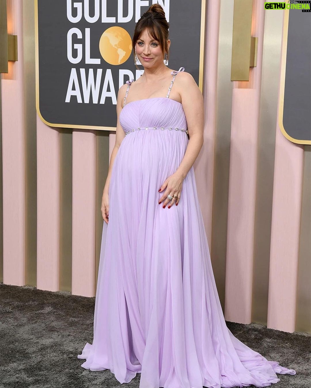 Kaley Cuoco - 725K Likes - 💜the 3 of us making our @goldenglobes red carpet debut together!💜pure joy all around🥹 unbelievable team once again! @bradgoreski @daniela_viviana @jamiemakeup @christinesymondshair @lubastailoring ( thank you @verawanggang for the most delicious sherbet gown! A moment I will cherish! @priyadeluxe ) @rahaminovdiamonds @normansilverman @charleskeithofficial @jimmychoo 🤍my gorgeous other half @tommypelphrey wearing @isaia 🤍