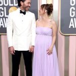 Kaley Cuoco Instagram - 💜the 3 of us making our @goldenglobes red carpet debut together!💜pure joy all around🥹 unbelievable team once again! @bradgoreski @daniela_viviana @jamiemakeup @christinesymondshair @lubastailoring ( thank you @verawanggang for the most delicious sherbet gown! A moment I will cherish! @priyadeluxe ) @rahaminovdiamonds @normansilverman @charleskeithofficial @jimmychoo 🤍my gorgeous other half @tommypelphrey wearing @isaia 🤍