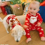 Kaley Cuoco Instagram - Happy Holidays from Tildy, Ruby, and the entire @ohnorman family 🐕🐶 We hope your holidays are easier than snapping a photo of a dog in a sweater and an 8 month old in her holiday finest 🙃