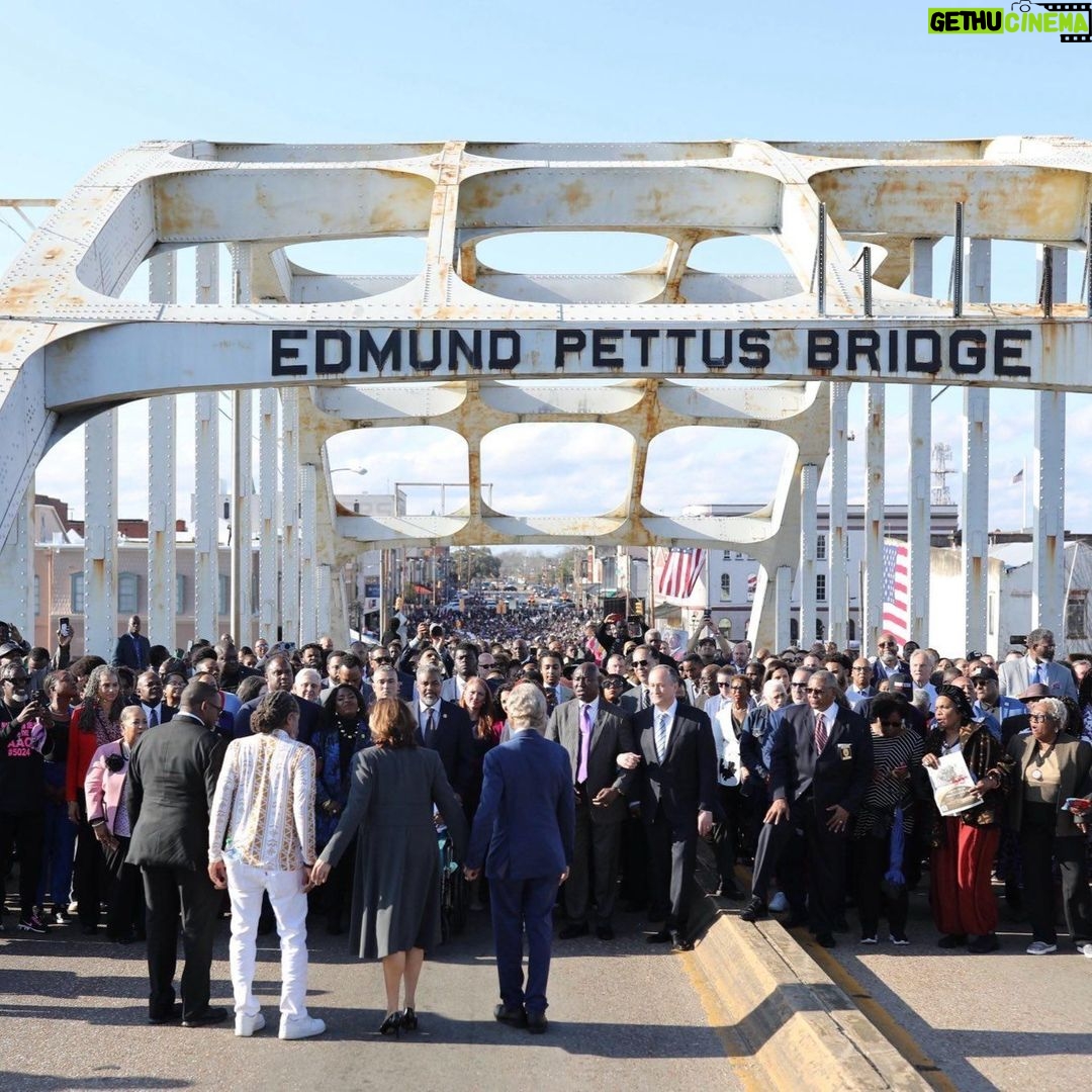 Kamala Harris Instagram - On this hallowed ground at the foot of the Edmund Pettus Bridge, 59 years ago, 600 brave souls set out from Selma. Shoulder to shoulder, they marched for the freedoms that were theirs by birth and theirs by right: the freedom to vote. The freedom to be full and equal members of our nation. They knew violence against them was inevitable. They knew they would be surrounded by troopers with nightsticks. They knew they might be trampled by horses. Even so, they marched forward, but they were forced to retreat. And yet, they would not be deterred. They returned to this bridge because they knew what was on the other side: A promise of a future that was more equal, more just, and more free. The challenges we currently face are not unlike the challenges faced by those 600 brave souls. And in this moment we too are confronted with a fundamental question: What kind of country do we want to live in? Do we want to live in a country of freedom, liberty, and justice, or a country of injustice, hate, and fear? We each have the power to answer that question: With our voice, with our feet, and with our vote.