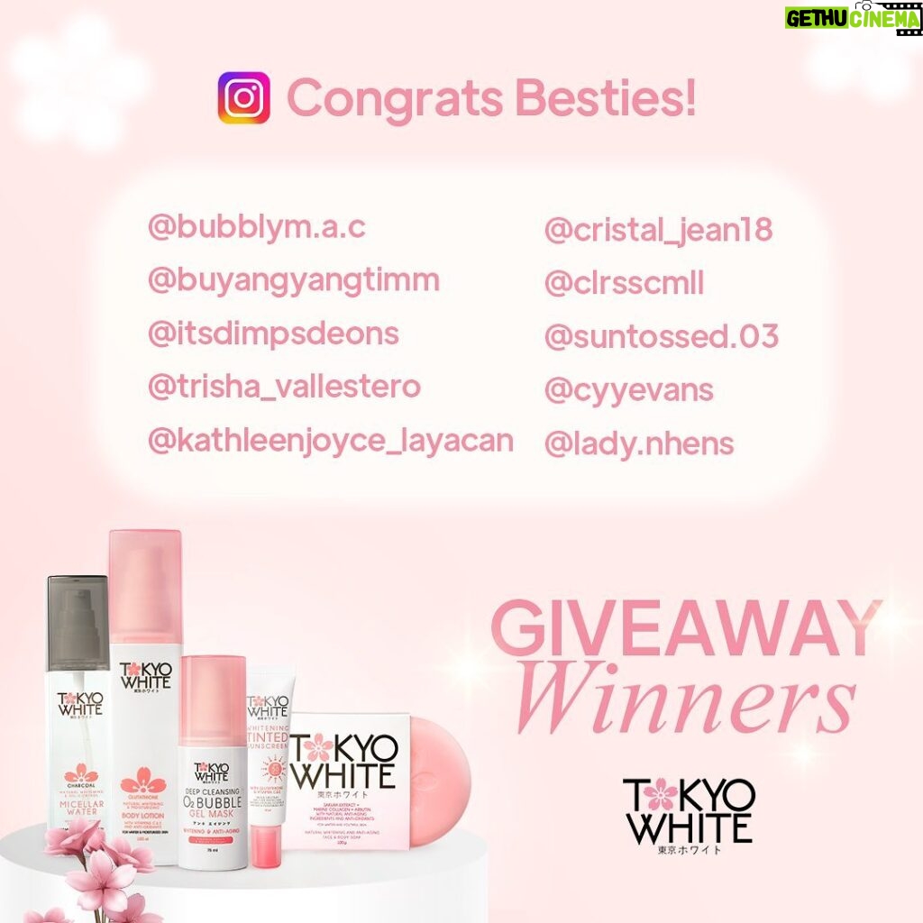 Kaori Oinuma Instagram - 🎉 Tokyo White x Kaori Oinuma Giveaway WINNERS 🌟 Congratulations to our lucky winners who completed the giveaway mechanics & commented Kaori's glowing secret: 𝗧𝗼𝗸𝘆𝗼 𝗪𝗵𝗶𝘁𝗲 𝗪𝗵𝗶𝘁𝗲𝗻𝗶𝗻𝗴 𝗧𝗶𝗻𝘁𝗲𝗱 𝗦𝘂𝗻𝘀𝗰𝗿𝗲𝗲𝗻! You've won a complete Kaori set, bringing you the ultimate skincare experience from Tokyo White! ✨🌸💆‍♀️ Prepare to indulge in Tokyo White's premium skincare products, meticulously crafted for radiant and glowy skin. Embrace your beauty within, besties! 🌷 Stay tuned for 𝗠𝗢𝗥𝗘 exciting giveaways and exclusive offers from Tokyo White. Thank you to everyone who participated! ✨💖 #TokyoWhiteGlow #KaoriForTokyoWhite #TokyoWhiteBestie