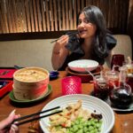 Karishma Sharma Instagram - The lady in red. ✨❤️ “Basking in the serene glow of the first full moon, I find my Zen zone, radiating happiness. 🌕 Reflecting on the delicious flavors of China by @grandhyattmumbai the stir-fried chicken paired with edamame created a healthy and delightful feast. Excited to explore more, the duck preparation awaits my eager taste buds. Cheers to manifesting positivity and savoring life’s delectable moments! 🍜❤️🤌🏼