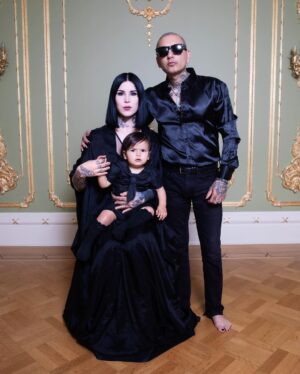 Kat Von D Instagram - Swipe to watch our little family grow older! 🖤 Since Leafar was born, @prayers and I have made it our annual tradition to take a family photo around the same time every year.  Our goal is to fill my collection of  Victorian oval frames we have in a section of our home with a new photo every year, documenting our family growing together — our little spin on The Picture of Dorian Gray. 

It’s gonna be so cool to see this collection of portraits side by side decades from now when we are old and grey and  Leafar will be too big to sit on my lap!