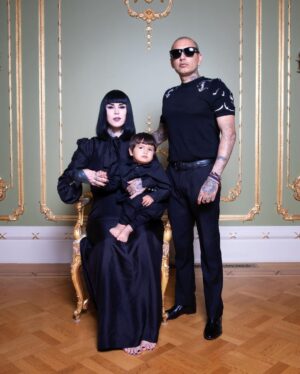 Kat Von D Instagram - Swipe to watch our little family grow older! 🖤 Since Leafar was born, @prayers and I have made it our annual tradition to take a family photo around the same time every year.  Our goal is to fill my collection of  Victorian oval frames we have in a section of our home with a new photo every year, documenting our family growing together — our little spin on The Picture of Dorian Gray. 

It’s gonna be so cool to see this collection of portraits side by side decades from now when we are old and grey and  Leafar will be too big to sit on my lap!