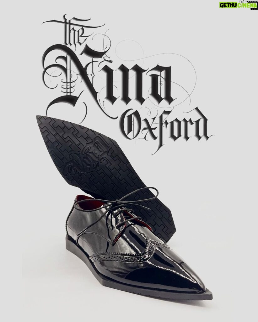 Kat Von D Instagram - Introducing my new favorite @VonDshoes flats: The Nina Oxfords. This is one out of two new flat styles we are releasing inspired by my collection of vintage winklepickers, and they are so damn comfy! 🖤 The vegan patent leather gloss reminded me of all my favorite latex pieces designed by @nina_kate that I decided to name them after her! 🖤 Make sure to follow @VonDshoes to be the first to know when they release soon! I have a feeling these might sell out pretty quickly! Especially now that we are offering half sizes! 🖤 #VonDshoes #veganshoes