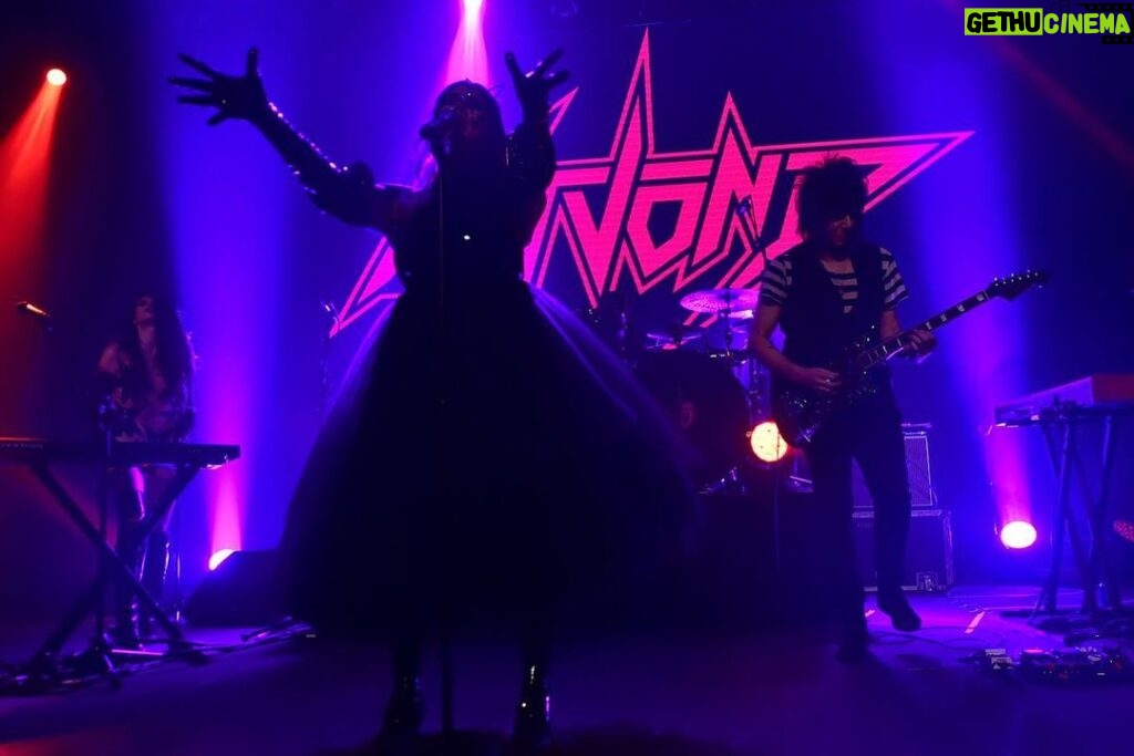 Kat Von D Instagram - A few performance shots from the Love Made Me Do It record release party! 🖤 I’m still buzzing over how good it felt to finally share the stage with my amazing bandmates: @sammidoll @mrpharmacist72 @daveparley @brynnroute! Huge thank you to @officialcharo for introducing us on stage, and to all of our friends + family that came to celebrate with us! This party made me even more excited to go on tour soon and do this in an even bigger way! For tickets, click the link in my bio! Because everyone is asking: My star eye piece was made by @awongolding My dress by: @asanchezfashion My shoes: coven buckle shoes by @vondshoes #lovemademedoit The Belasco