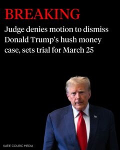 Katie Couric Instagram - 🚨A judge rejected Donald J. Trump’s bid to throw out the Manhattan district attorney’s criminal charges against him on Thursday and set a trial date for next month, clearing the way for the first prosecution of a former American president. Per @nytimes reporting, the judge, Juan M. Merchan, announced the decision to begin jury selection at a hearing in a Lower Manhattan courtroom as Mr. Trump looked on from the defense table. The former president’s lawyers objected to the judge’s plan for jury selection to begin on March 25, noting that the six-week trial would conflict with Mr. Trump’s presidential campaign. One of the former president’s lawyers, Todd Blanche, called the schedule “unfathomable.” It will be the first of Mr. Trump’s criminal cases to go to trial. He faces 91 felony counts across four criminal indictments from prosecutors in Washington, Florida and Georgia, as well as Manhattan, all while he seeks to lock up the Republican presidential nomination.