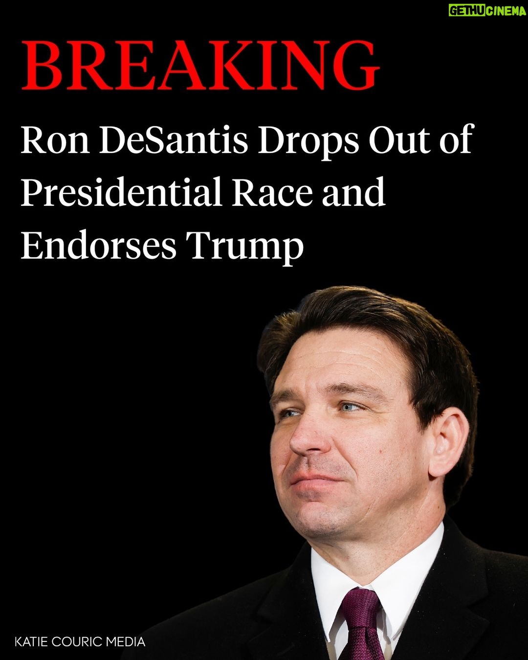 Katie Couric Instagram - 🚨 Gov. Ron DeSantis of Florida suspended his campaign for president on Sunday, just two days before the New Hampshire primary election, and endorsed former President Donald J. Trump. “While this campaign has ended, the mission continues,” DeSantis said in a video released Sunday in which he endorsed Trump. Mr. DeSantis added, “Trump is superior to the current incumbent, Joe Biden. That is clear. I signed a pledge to support the Republican nominee, and I will honor that pledge. He has my endorsement because we can’t go back to the old Republican guard of yesteryear.” The 45-year-old candidate was once seen as having the best chance to dethrone Mr. Trump as the Republican Party’s nominee in 2024. DeSantis has two years remaining in his second and final term as the governor of Florida.