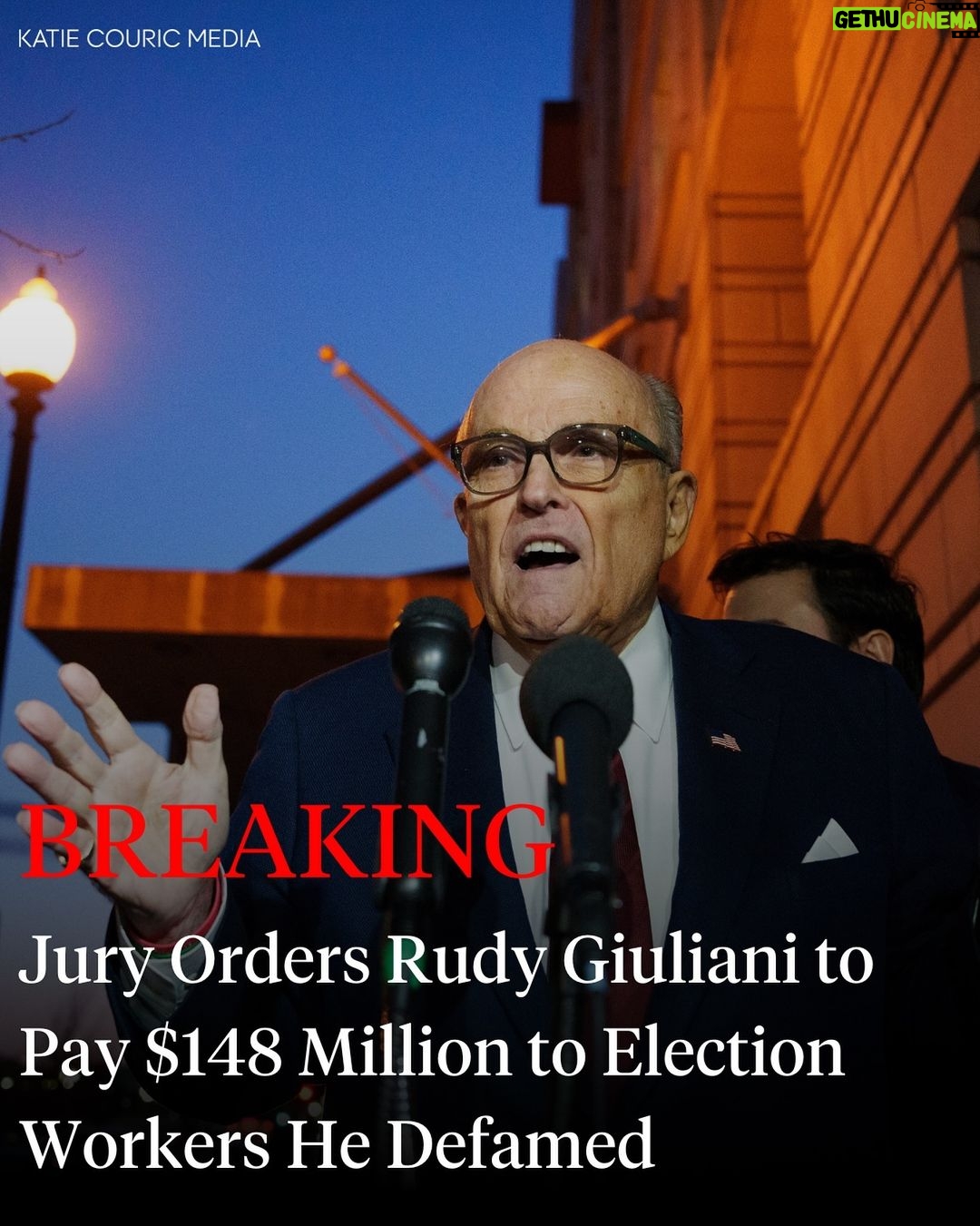 Katie Couric Instagram - A jury awarded $148 million in damages on Friday to two former Georgia election workers, Ruby Freeman and Shaye Moss, who sued Rudy Giuliani for defamation over lies he spread about them in 2020. Per @nytimes reporting,the jury awarded Ms. Freeman and Ms. Moss a combined $75 million in punitive damages. It also ordered Mr. Giuliani to pay compensatory damages of $16.2 million to Ms. Freeman and $16.9 million to Ms. Moss, as well as $20 million to each of them for emotional suffering. Over hours of emotional testimony, Ms. Freeman and Ms. Moss described how their lives had been completely upended after Dec. 3, 2020, when Mr. Giuliani first suggested that they had engaged in election fraud to tilt the result against Mr. Trump in Georgia, a critical swing state. The women, who are Black and are mother and daughter, were soon flooded with expletive-laden phone calls and messages, threats and racist attacks, they testified. People said they should be hanged for treason or lynched; others told them they fantasized about hearing the sound of their necks snapping. Mr. Giuliani did not testify at the trial. His lawyer, Joseph Sibley IV, told the jury that his client, the former New York mayor and federal prosecutor, should not be held responsible for abuse directed to Ms. Freeman and Ms. Moss by others.