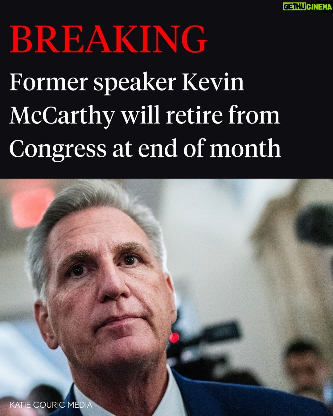 Katie Couric Instagram - 🚨Former House Speaker Kevin McCarthy said Wednesday he will resign from Congress at the end of the year. McCarthy, the California Republican who was ousted as speaker by a faction of his own party two months earlier, said he is leaving “to serve America in new ways.” “I know my work is only getting started,” McCarthy said in an op-ed in the @wsj. The announcement, which was expected, came the week before the House is scheduled to depart Capitol Hill for the rest of the year. “I will continue to recruit our country’s best and brightest to run for elected office. The Republican Party is expanding every day, and I am committed to lending my experience to support the next generation of leaders,” McCarthy wrote in his op-ed. #breakingnews