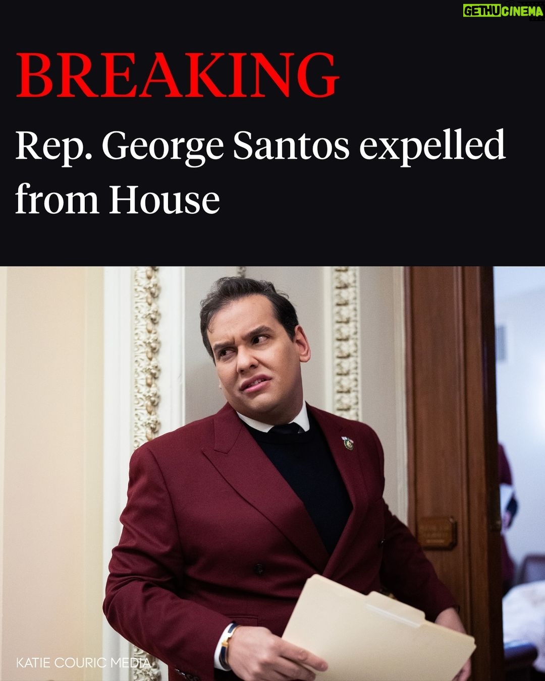 Katie Couric Instagram - The House voted on Friday to expel Republican Rep. George Santos of New York after a critical ethics report on his conduct that accused him of converting campaign donations for his own use. He was just the sixth member in the chamber’s history to be ousted by colleagues. The vote to expel was 311-114. Expulsion requires support from two-thirds of the House, a purposefully high bar, but a blistering House Ethics Committee report that accused Santos of breaking federal law proved decisive. Santos fought the expulsion effort leading up to the vote, leading his own defense during House floor debate and in conducting a press conference and interviews. “To hell with this place,” Santos declared after a reporter asked him if he planned on visiting the House floor using the privileges given to former congressmen, according to the @nytimes.