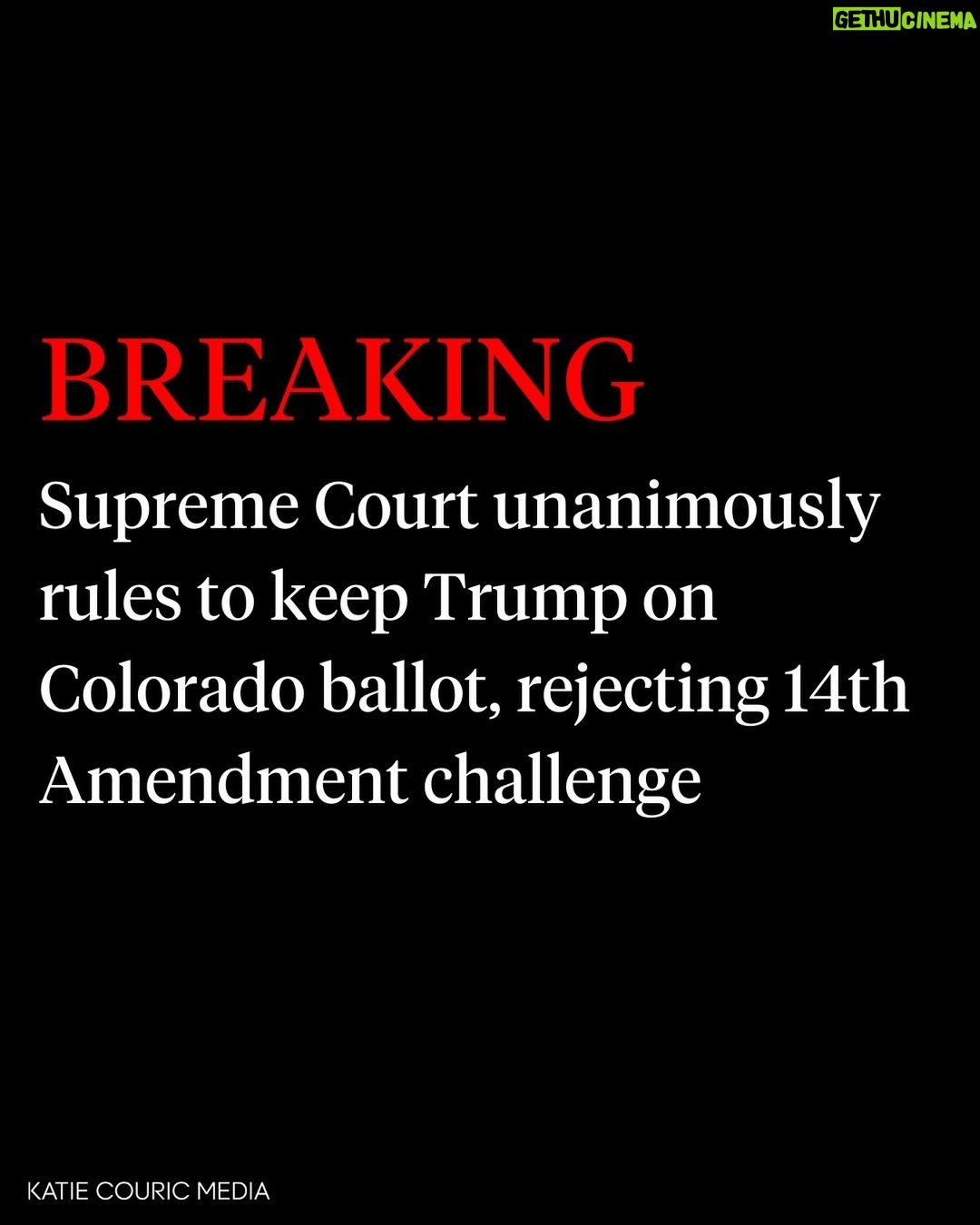 Katie Couric Instagram - 🚨The Supreme Court on Monday restored Donald Trump to 2024 presidential primary ballots, rejecting state attempts to hold the Republican former president accountable for the Capitol riot. Though the justices offered different reasons, the decision was unanimous. All agreed that individual states may not bar candidates for federal office under a constitutional provision, Section 3 of the 14th Amendment, that bars insurrectionists from holding office. The outcome ends efforts in Colorado, Illinois, Maine and elsewhere to kick Trump, the front-runner for his party’s nomination, off the ballot because of his attempts to undo his loss in the 2020 election to Democrat Joe Biden, culminating in the Jan. 6, 2021, attack on the Capitol. Colorado’s Supreme Court, in a first-of-its-kind ruling, had decided that the provision, Section 3, could be applied to Trump, who that court found incited the Capitol attack. No court before had applied Section 3 to a presidential candidate. The case was decided by a court that includes three justices appointed by Trump when he was president. They have considered many Trump-related cases in recent years, declining to embrace his bogus claims of fraud in the 2020 election and refusing to shield tax records from Congress and prosecutors in New York. Thoughts? #trump #scotus #politics #news #breakingnews #election