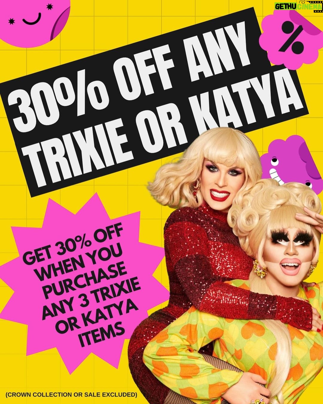 Katya Zamolodchikova Instagram - Get 30% Off when you purchase any 3 Trixie or Katya items 🛍️🤩 (Crown collection or sale excluded 👑)Now for a limited time only!!!!! No code needed 💛🩷❤️
