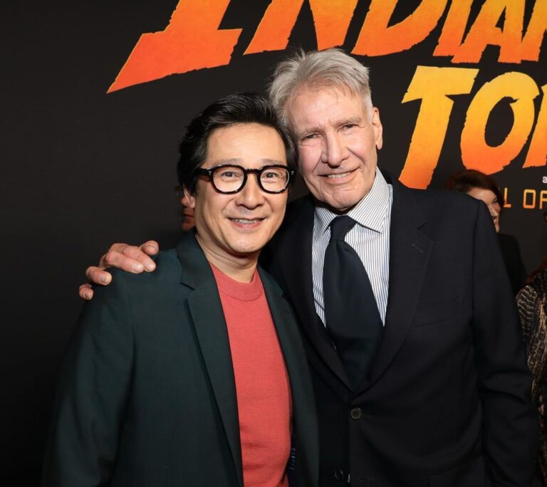 Ke Huy Quan Instagram - Indy will always be a hero to Short Round and Harrison Ford will always be a hero to me❣️ I wish he could continue in this role forever, but I was happy to be there last night to see him crack that whip one more time. Dial of Destiny is SO GOOD!!! Please go see it comes June 30th! (Can you spot another cast member from Temple of Doom? Hint: he loves voodoo dolls 😜) 📸: @gettyimages Styling: @chloekeiko Grooming: @sonialeeartistry Outfit: @paulsmithdesign Glasses: @cutlerandgross Watch: @omega Shoes: @churchs @indianajones @lucasfilm @disney