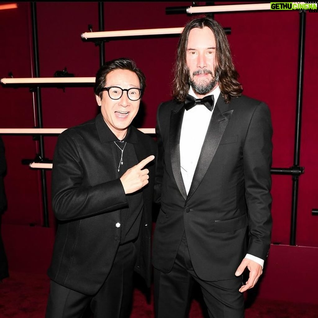 Ke Huy Quan Instagram - First time at @LACMA Art + Film Gala. Starstruck meeting Keanu Reeves and this year’s film honoree David Fincher 🤩🤩. What a great night. I’m a huge fan of David’s movies. He is one of my favorite filmmakers. I was so excited to meet him and then he told me we actually met before.😱 He worked on visual effects on Indy II. WOW—what a small world and a fun connection. We got to spend a brief moment down memory lane. Congratulations again David! Thank you @Audi for having me. Cheers!!! Styled by: @chloekeiko Grooming: @sonialeeartistry Outfitted by: @zegnaoffiical @omega @oliverpeoples @nouvelheritage @grazielagems @churchs