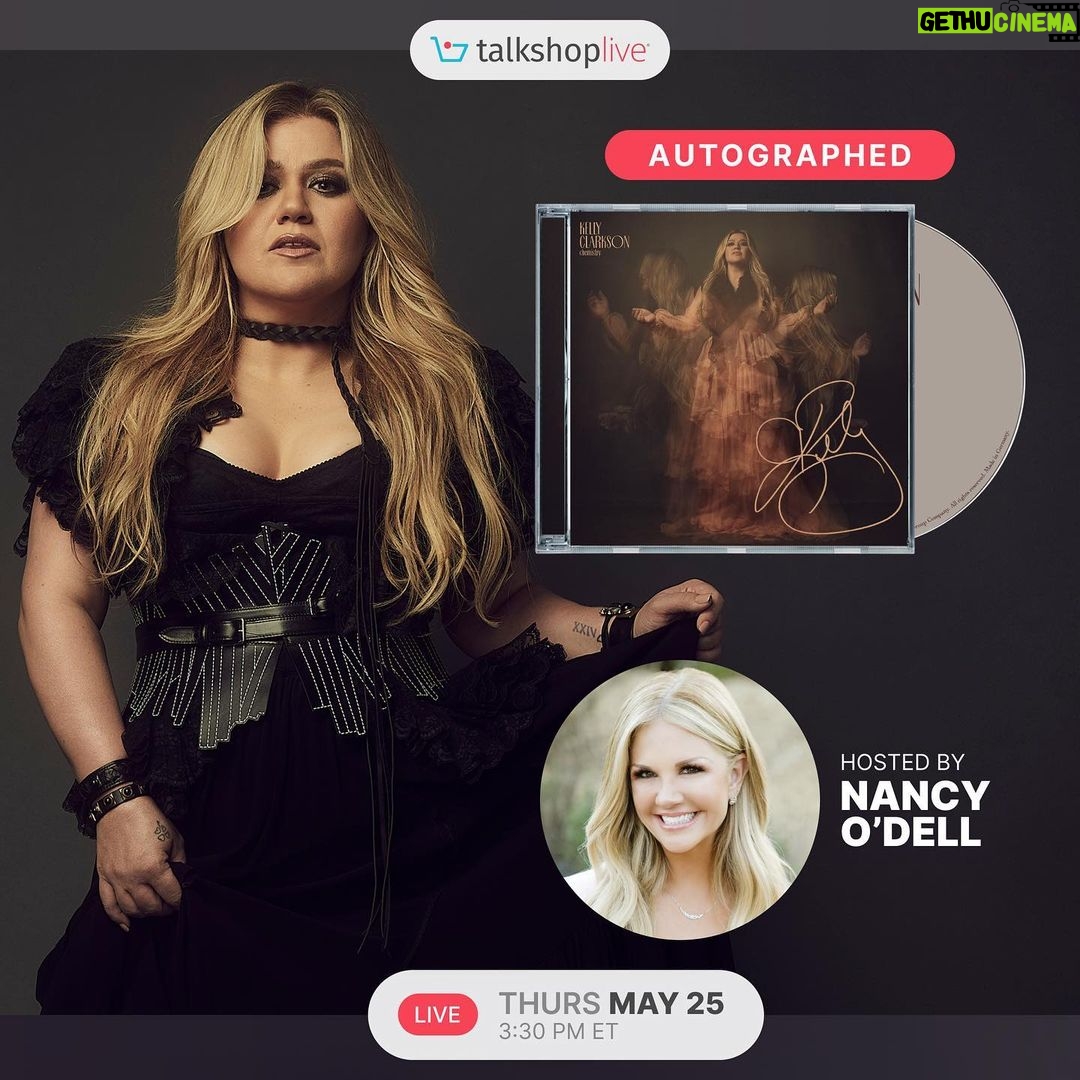 Kelly Clarkson Instagram - 15 minutes until I'm going LIVE with @talkshoplive! Tune-in at 3:30pm ET/12:30pm PT to pre-order your autographed copy of my upcoming album #chemistry. RSVP at the link in my bio.