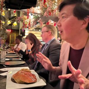 Ken Jeong Instagram - repost @tranhojeong Happy Lunar New Year 🧧 of the Dragon! We recently hosted a fundraiser for APM Studio’s podcast The Splendid Table at our favorite restaurant, Crustacean in Beverly Hills. It was a magical evening with Splendid Table host Francis Lam interviewing our dear family friend Chef Helene An. A big thank you to the whole An family including Chef Helene’s daughters Elizabeth, Hannah, Cathy, and Jacqueline for a fabulous event and delicious dinner with new and old friends. Please support American Public Media and listen to The Splendid Table. The recent Happy Lunar New Year episode was fabulous! Photos: 1) Francis Lam, Chef Helene with daughters Jaqueline, Hannah, and Cathy An. 2) Interview 3) Famous crab with garlic noodles 4) Joanne Griffith, Chief Content Officer for APM 5) Conversation with Hannah, Cathy, and Chef Helene An 6) Cathy Kim, my college roommate #splendidtable #apmstudios  #crustaceanbeverlyhills