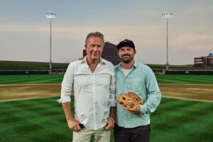 Kevin Costner Instagram - Last week the @mlb gave me a chance to “have a catch” with my son at the Field of Dreams.

Joe was just a baby when we made Field of Dreams—a movie ultimately about the relationship between a father and son. It felt completely full circle to share this incredible experience with him.  

📸: @caleglendening 

#MLBatFieldOfDreams