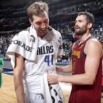 Kevin Love Instagram - Of all the greats I watched growing up - Dirk has had the biggest influence on my career. My Dad had the foresight - I can remember him saying “this rookie on Dallas is the future of the NBA.” A 7-footer who could stretch defenses, rebound, post you up and shoot over you, put the ball on the floor when necessary, and dominate the game inside and out. I was on the wrong side of a lot of those buckets. Trail 3’s, free throw line “Dirk spot” finishes, and ofcourse — the iconic fade. Being a big that can shoot has allowed me to change and adapt in a game that has become reliant on not only pace, but the space needed to operate in todays current NBA. Dirk changed a lot of peoples idea of the modern big man. I wouldn’t be headed into year 16 if not for Dirk’s influence and helping take the game to where it is today. My deepest gratitude to a legend that will live on forever! Congratulations @swish41 and to all the 2023 @hoophall inductees. With respect and admiration. 🤝🏻 Basketball Hall of Fame