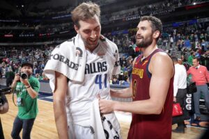 Kevin Love Instagram - Of all the greats I watched growing up - Dirk has had the biggest influence on my career. My Dad had the foresight - I can remember him saying “this rookie on Dallas is the future of the NBA.” A 7-footer who could stretch defenses, rebound, post you up and shoot over you, put the ball on the floor when necessary, and dominate the game inside and out. I was on the wrong side of a lot of those buckets. Trail 3’s, free throw line “Dirk spot” finishes, and ofcourse — the iconic fade. 

Being a big that can shoot has allowed me to change and adapt in a game that has become reliant on not only pace, but the space needed to operate in todays current NBA. Dirk changed a lot of peoples idea of the modern big man. I wouldn’t be headed into year 16 if not for Dirk’s influence and helping take the game to where it is today. My deepest gratitude to a legend that will live on forever!

Congratulations @swish41 and to all the 2023 @hoophall inductees. With respect and admiration. 🤝🏻