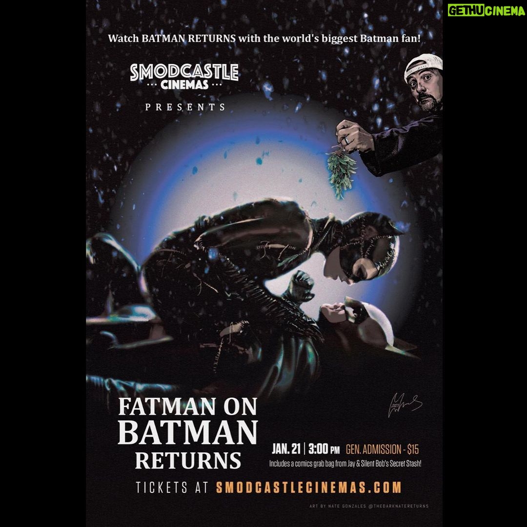 Kevin Smith Instagram - JANUARY 20th at @smodcastlecinemas! Come to the movies in your pajamas! Spend the night eating popcorn and watching the @clerksmovie Trilogy with the dumbass director who saw it all! It’s CLERKS: OPEN ALL NIGHT 2! The first time we did it was so nice that we’re doin’ it twice (or again)! Celebrate the 30th Anniversary of Clerks’ Sundance premiere at Silent Bob’s cinema! Intros before and Q&A’s after with Kev and friends! See the Clerks saga a mere mile from iconic @quickstopgroceries! You ARE supposed to be there that day (and night)! But if you can’t make it to see me at the movie marathon, come to the Castle for one of my other January events: - #Smauction on January 6th! - Zack & Miri’s 15th on January 6! - Batman Returns on January 21! Get tickets at the #smodcastlecinemas website link in my bio! Awesome art, as always, by @thedarknatereturns! #KevinSmith