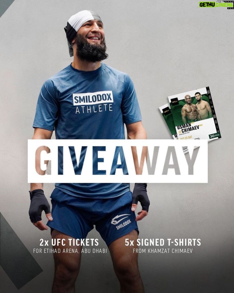 Khamzat Chimaev Instagram - 4 days left! 🫵 My sponsor @smilodox and I are giving away 2 tickets for the fight & 5 signed shirts! (7 Winners) To win, you should only follow @smilodox & write a comment with #TeamKhamzat (we will check both) Giveaway ends on 20.10.23 Lets go 🥊