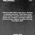 Killer Mike Instagram – My art being cited as healing is a tremendous honor, I am humbled. Thank you @jaquialdurham for sharing your beautiful testimony. Full testimony on @capitalbnews. ☦️ #MICHAEL