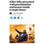 Killer Mike Instagram - Thank you Georgia state representative @imani4ga for the proclamation and honors you presented me. Everything I do, I do as a proud Georgian to have this validation from my home state is an immense honor. Having my kindergarten teacher, Ms. Pritchett, there made this moment extra sweet. Thank you @theatlantavoice for the fantastic write up. 🙏🏽 ☦️ #MICHAEL