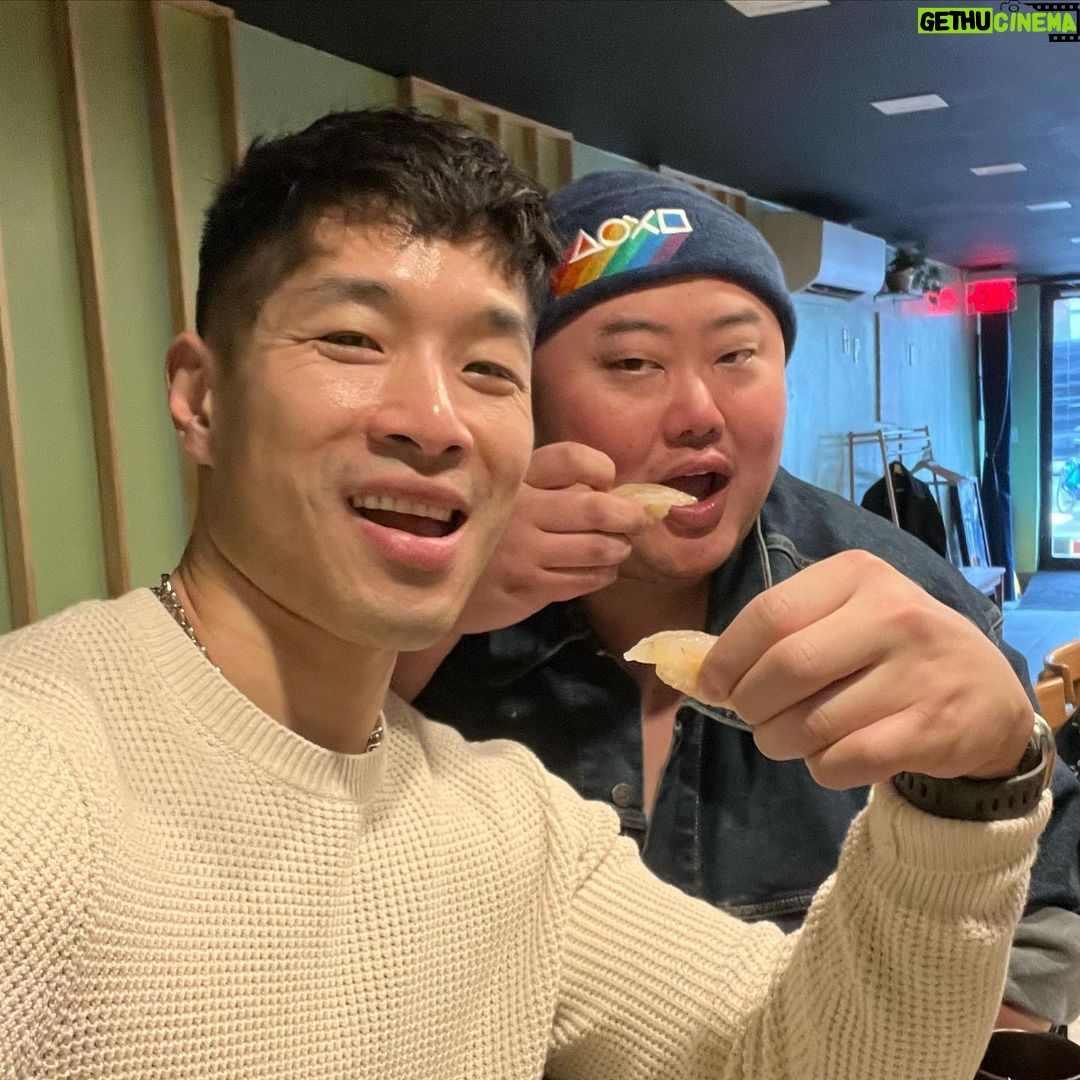 Kim Chi Instagram - Are y’all listening to 1 for the table podcast ft @jonkung and yours truly? Here we are eating omakase in the afternoon planning our podcast’s future uwu Genki Sushi