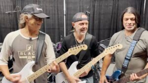Kirk Hammett Instagram - When Lars auditioned for the wedding band … 
🤘🎸🤘 @larsulrich  @robtrujillo  @metallica 

P.S….Check out this killer Fender Juanes Signature Strat! 

⚡️🎸⚡️
@juanes 
@fender 
@fenderbilly 

🎥footage shot by @brettmurrayphotography