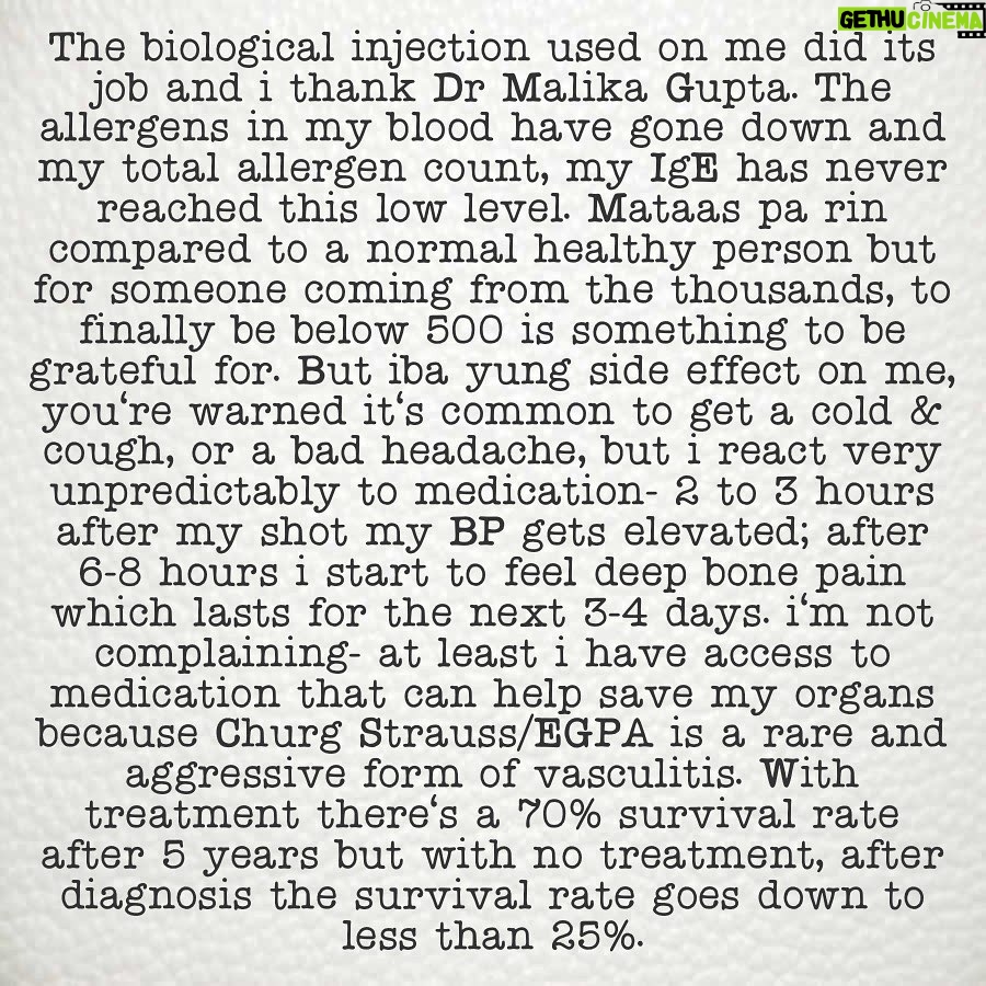 Kris Aquino Instagram - i chose not to share with you until now that Bimb had fever starting on Saturday night, July 8. It started as a bad cough & sore throat. Monday, July 10, Dr. Henry our Fil-Am friend who thankfully has been so kind to me & my sons came by to check on bimb… i felt my heart crumble because bimb from Dr Henry’s assessment had pneumonia. 3rd time na for bimb- his 2nd bout w/ pneumonia happened during the initial pandemic lockdown when we were in Puerto Galera March 2020. My bunso has had asthma since he was 9. But as a baby all the way until he was in grade 1 bimb suffered from skin asthma and from childhood til now he has many of my environmental allergies. It was the worst feeling in the world as most parents would agree, when your family doctor says you aren’t allowed to go near your son and help take care of him because you’re undergoing immunosuppressant therapy using chemotherapy medication. Thank God bimb’s kuya josh stubbornly refused to leave the connecting room where bimb had to stay. He was bimb’s constant companion & even though my nurses kept telling kuya to stop hugging bimb tuloy pa rin sya. Thank God matibay kuya’s resistance, hindi sya nahawa ng kahit ubo o sipon. Lemuel is both a nurse and phlebotomist his business is to do home service blood extraction. He did my blood extraction Tuesday, July 12. Bimb finished his prescription Saturday & he’s 90% recovered. My lead doctor from UCLA, Dr John Belperio had my results Wednesday and he has the best, most positive outlook even when he’s giving bad news. i’ll try to explain my current situation without using too many medical terms. They’ll be in art cards along with some pics to help you understand where i am health wise and what a long battle i have… 1 thing is very clear to me- buhay ako ngayon dahil hindi kayo nagsasawang isama ako sa prayers ninyo even though most of you have never even met me in person. And that’s why i owe you only the TRUTH.