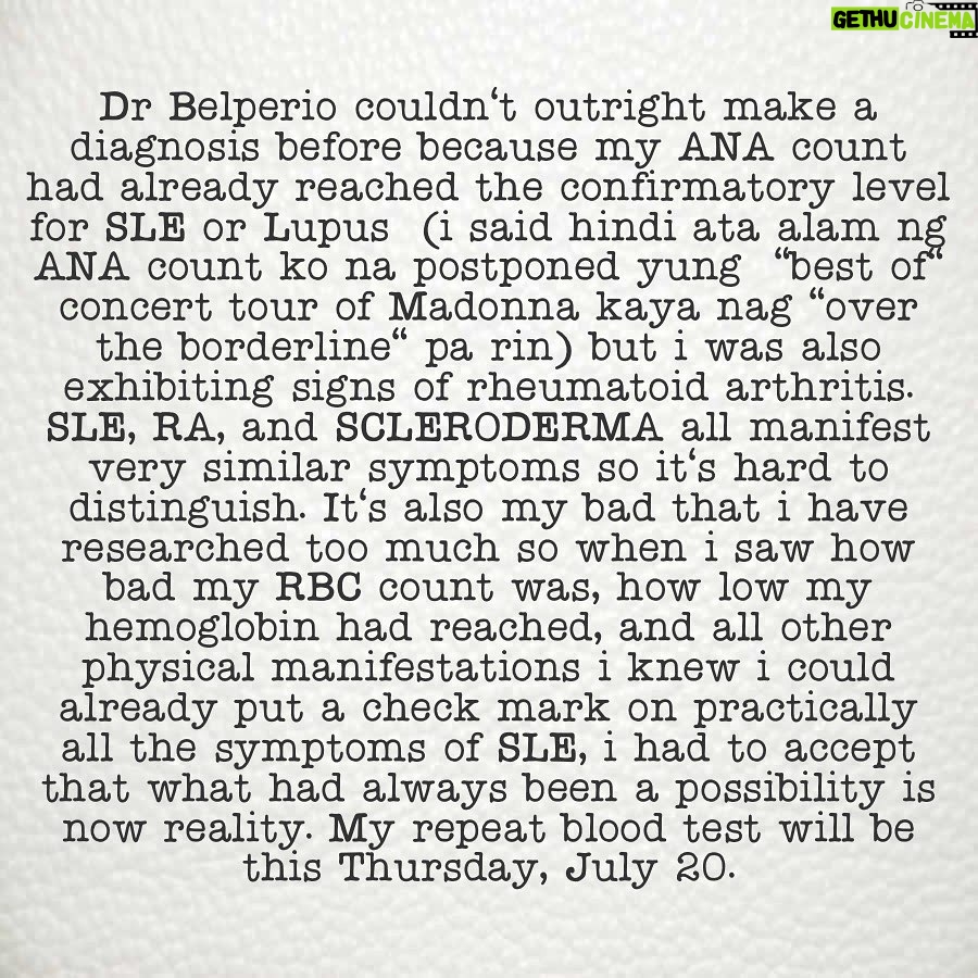 Kris Aquino Instagram - i chose not to share with you until now that Bimb had fever starting on Saturday night, July 8. It started as a bad cough & sore throat. Monday, July 10, Dr. Henry our Fil-Am friend who thankfully has been so kind to me & my sons came by to check on bimb… i felt my heart crumble because bimb from Dr Henry’s assessment had pneumonia. 3rd time na for bimb- his 2nd bout w/ pneumonia happened during the initial pandemic lockdown when we were in Puerto Galera March 2020. My bunso has had asthma since he was 9. But as a baby all the way until he was in grade 1 bimb suffered from skin asthma and from childhood til now he has many of my environmental allergies. It was the worst feeling in the world as most parents would agree, when your family doctor says you aren’t allowed to go near your son and help take care of him because you’re undergoing immunosuppressant therapy using chemotherapy medication. Thank God bimb’s kuya josh stubbornly refused to leave the connecting room where bimb had to stay. He was bimb’s constant companion & even though my nurses kept telling kuya to stop hugging bimb tuloy pa rin sya. Thank God matibay kuya’s resistance, hindi sya nahawa ng kahit ubo o sipon. Lemuel is both a nurse and phlebotomist his business is to do home service blood extraction. He did my blood extraction Tuesday, July 12. Bimb finished his prescription Saturday & he’s 90% recovered. My lead doctor from UCLA, Dr John Belperio had my results Wednesday and he has the best, most positive outlook even when he’s giving bad news. i’ll try to explain my current situation without using too many medical terms. They’ll be in art cards along with some pics to help you understand where i am health wise and what a long battle i have… 1 thing is very clear to me- buhay ako ngayon dahil hindi kayo nagsasawang isama ako sa prayers ninyo even though most of you have never even met me in person. And that’s why i owe you only the TRUTH.