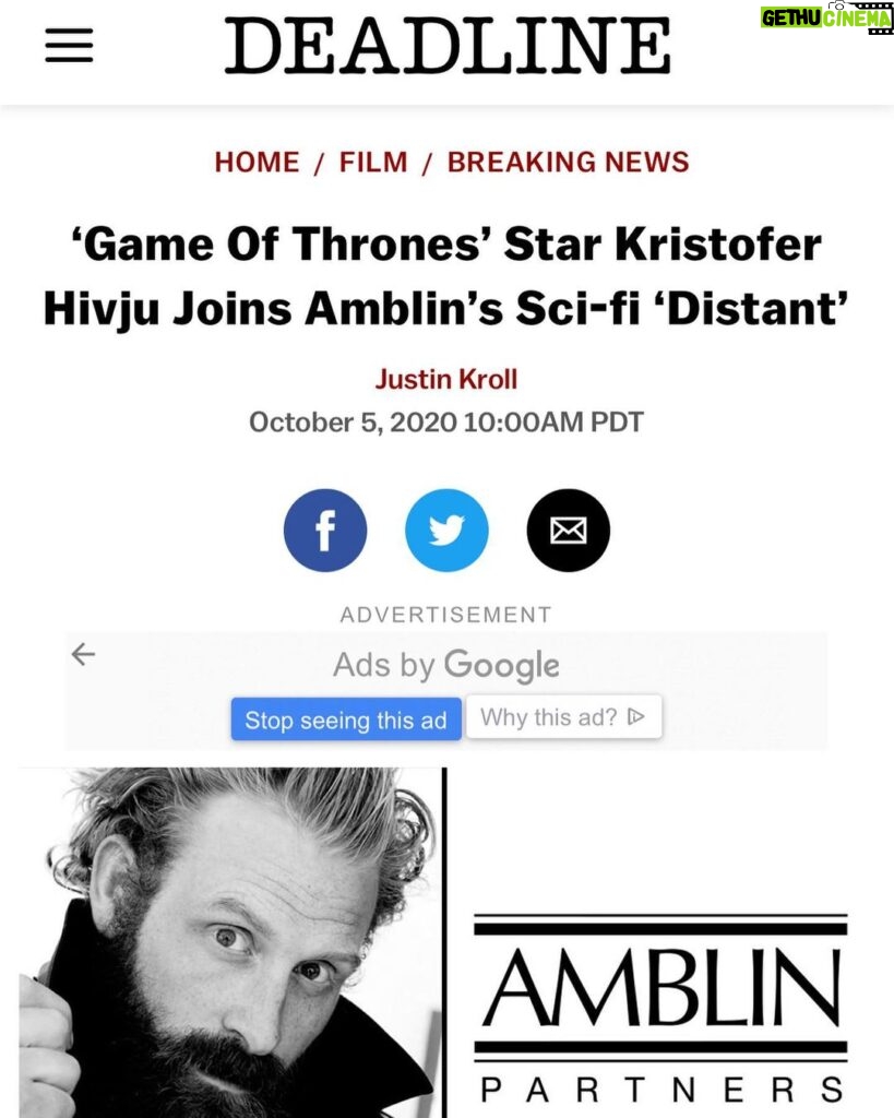 Kristofer Hivju Instagram - Very excited to be part DISTANT! To tell this adventurous sci fi - story and working with the brilliant directors @gansettandtrout and @Joshdgordon. It's a fantastic script by @iamspensercohen. Super talents @AnthonyRamosofficial and @naomigscott are on board. Can´t wait for you all to enjoy this film from #StevenSpielberg’s #amblinpartners #distantmovie #dreamworks