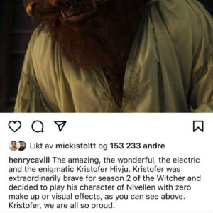 Kristofer Hivju Instagram - First look: NIVELLEN ! 🐗@witchernetflix It was a wonderful exsperience to portray this worm weird secretiv humorous sensitive and playful character! Homage to the hole team what created Nivellen’s look - from protsheric, to make up, to the CGI department! Can’t wait for you all to watch season 2 of #thewitcher It was a pure joy to play with you @henrycavill and @freyaallan 🙌🏻 #netflix #nivellen