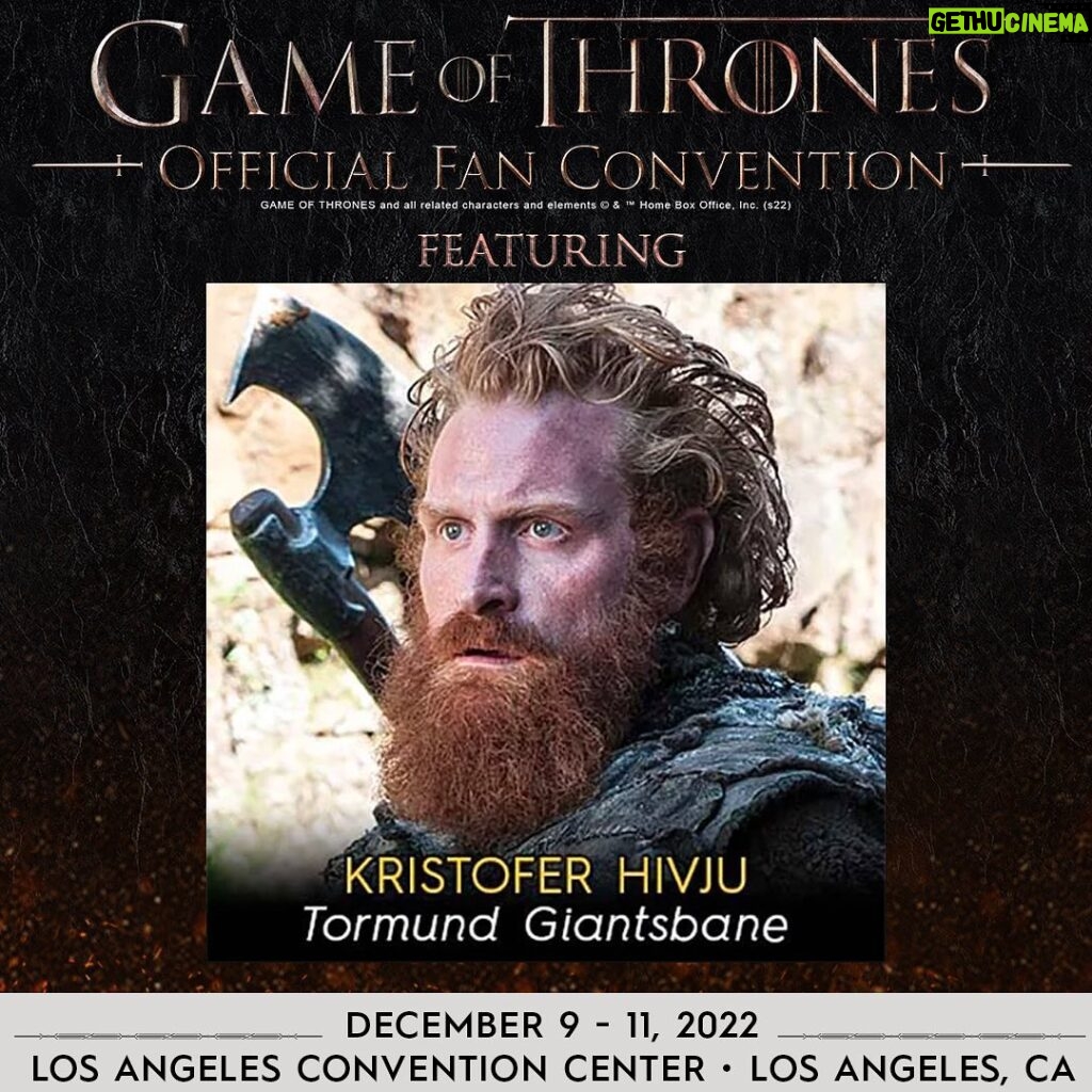 Kristofer Hivju Instagram - See you at the Game Of Thrones Official Fan Convention! ⚔️ Los Angeles Convention Center 9th and 10th of December👍🏆 #gameofthrones #tormundgiantsbane #tormund