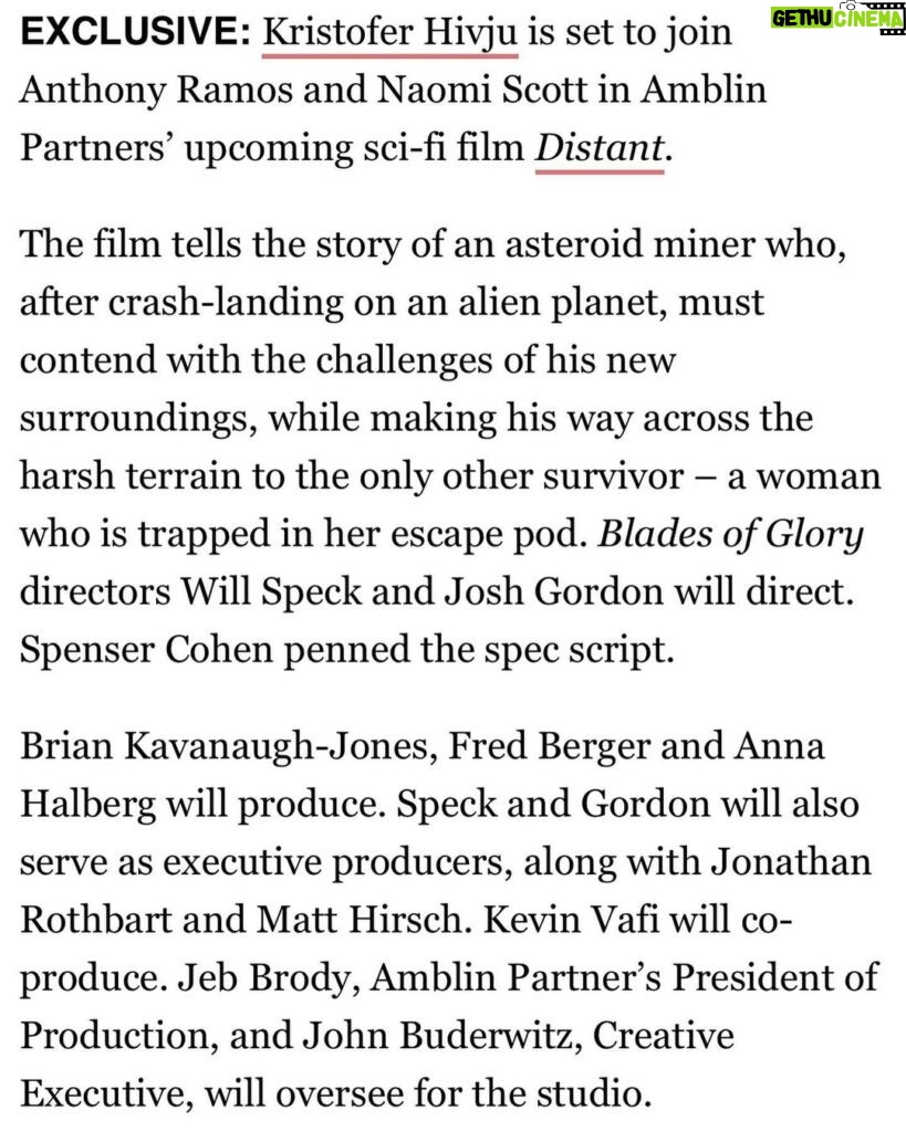 Kristofer Hivju Instagram - Very excited to be part DISTANT! To tell this adventurous sci fi - story and working with the brilliant directors @gansettandtrout and @Joshdgordon. It's a fantastic script by @iamspensercohen. Super talents @AnthonyRamosofficial and @naomigscott are on board. Can´t wait for you all to enjoy this film from #StevenSpielberg’s #amblinpartners #distantmovie #dreamworks