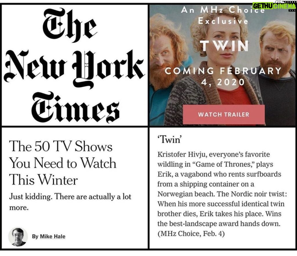 Kristofer Hivju Instagram - Honored that TWIN is on @nytimes list over the TV shows you need to watch this winter! US and Canadian streaming- premiere on @mhzchoice the 4th of February! Check out trailer in bio! Created by @kristoffermetcalfe #twin #newyorktimes