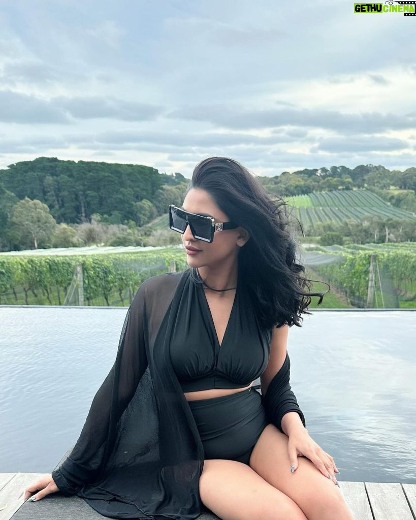 Krystle D'Souza Instagram - Took a minute or two before I jumped right into @jackalopehotels infinity pool, that laps up to the surrounding vineyard ! Being a guest of @visitmelbourne has truly been #EveryBitDifferent ! . . #visitmelbourne #infinitypool #vinyard #melbourne #australia #swimwear by @fxmlondonofficial x @dinky_nirh