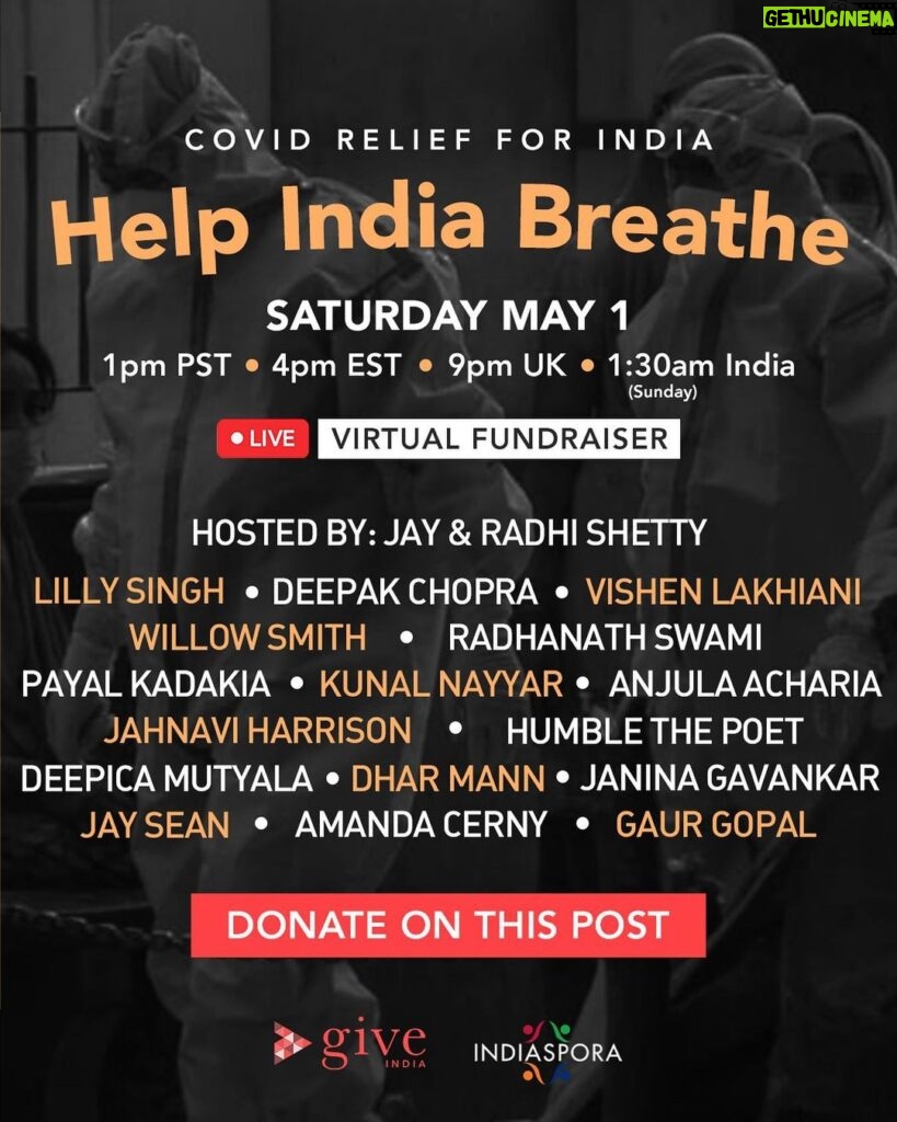 Kunal Nayyar Instagram - Donate NOW on this post $10 or $1000 all make a difference! Join me, @JayShetty and @Give_India for this Saturdays' Virtual LIVE event HELP INDIA BREATH at 1pm PT, 4pm ET, 9pm UK,1:30am India (Sunday). All proceeds will be matched up to $1 million dollars by @Indiaspora. The non-profit organization @Give_India launched India COVID Response Fund-1 and with the second deadly wave currently hitting India, the organization launched ICRF-2 to support gaps in healthcare and other critical needs.