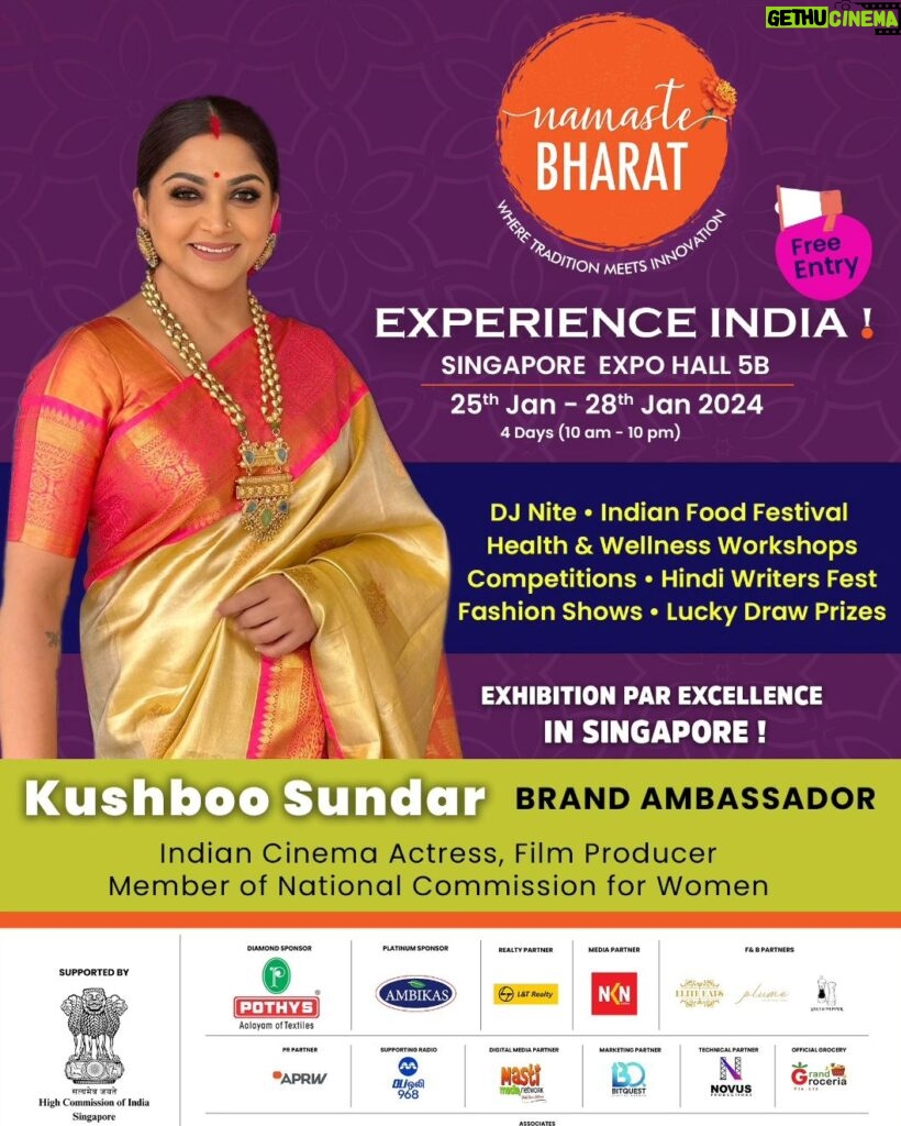 Kushboo Instagram - Singapore!! Let's meet. I am coming to Singapore on 26th of Jan as the Brand Ambassador of #NamasteBharat . An initiative to help our Indian artisans, who have been part of building our nation's rich culture and heritage. #NamasteBharat showcases their talents and our world class artifacts. We bring the best of our Indianness with us. I bring our Indian culture with pride to you. Come, bask in the glory of being and Indian and celebrating our art and culture to the best. #NamasteBharat #26thJan2024 #SingaporeExpo