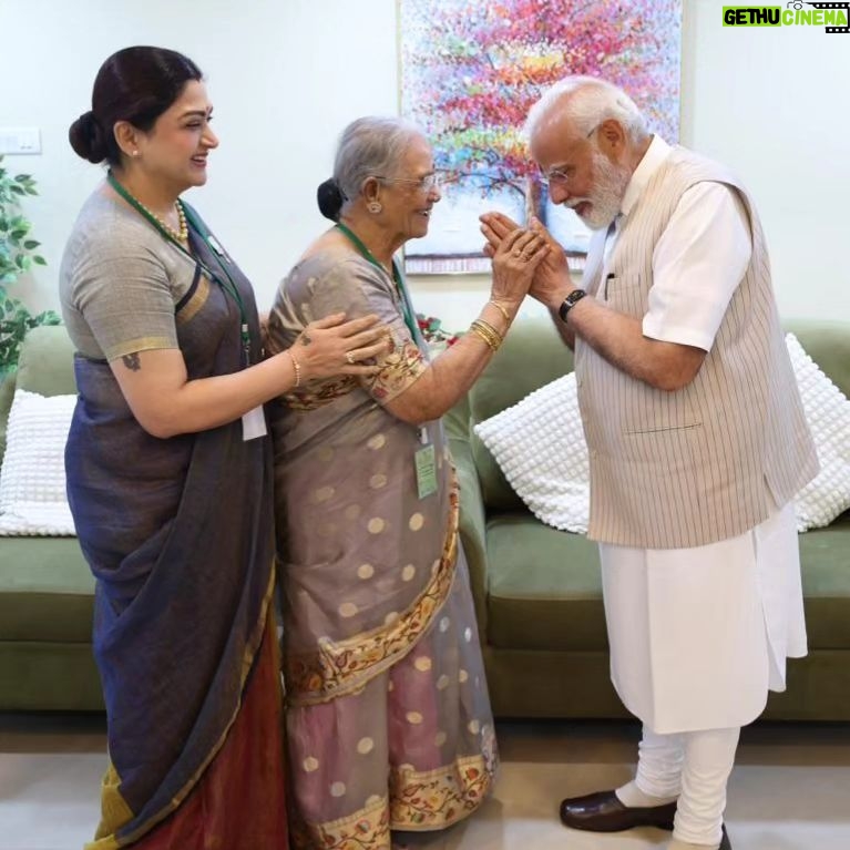 Kushboo Instagram - No amount of words would suffice to thank our H'ble PM Shri @narendramodi ji for giving so much happiness and joy to my ma-in-law, Smt #DeivanaiChidambaramPillai , who at 92 is a huge Modi follower and a fan. It was a moment of super excitement for her as it was her dream to meet him at least once. Our PM, who is the most popular, loved, and admired leader in the world, with absolute no such air whatsoever, welcomed her with so much warmth and respect. His words filled with love and affection were like a son speaking to his mother. No wonder he is adored by all, young and old, and he is blessed and the truly chosen one by God. Sir, moments spent in your esteemed presence will be cherished forever. I see a childlike twinkle of joy in the eyes of my ma in law, and nothing more matters to me but to see her happy at this age. Will always be indebted to you, Pradhan Mantri ji. Kodi pranaams to you Shri @narendramodi ji 🙏🙏🙏🙏🙏🙏🙏