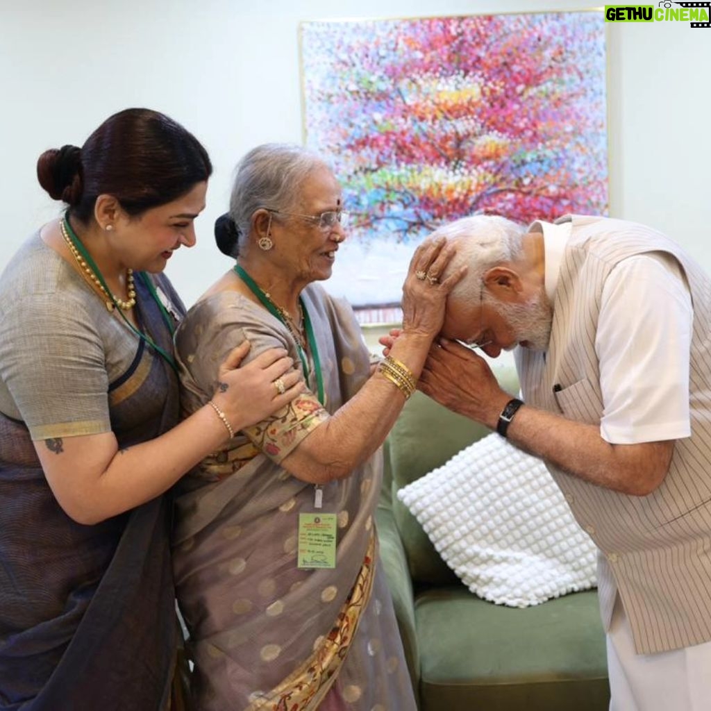 Kushboo Instagram - No amount of words would suffice to thank our H'ble PM Shri @narendramodi ji for giving so much happiness and joy to my ma-in-law, Smt #DeivanaiChidambaramPillai , who at 92 is a huge Modi follower and a fan. It was a moment of super excitement for her as it was her dream to meet him at least once. Our PM, who is the most popular, loved, and admired leader in the world, with absolute no such air whatsoever, welcomed her with so much warmth and respect. His words filled with love and affection were like a son speaking to his mother. No wonder he is adored by all, young and old, and he is blessed and the truly chosen one by God. Sir, moments spent in your esteemed presence will be cherished forever. I see a childlike twinkle of joy in the eyes of my ma in law, and nothing more matters to me but to see her happy at this age. Will always be indebted to you, Pradhan Mantri ji. Kodi pranaams to you Shri @narendramodi ji 🙏🙏🙏🙏🙏🙏🙏