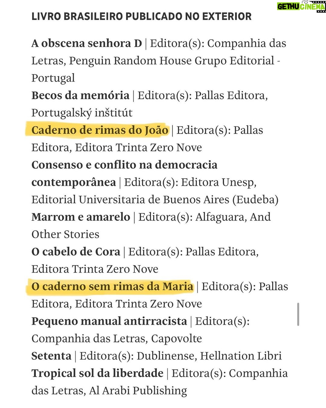 Lázaro Ramos Instagram - Sabe aquelas boas conquistas da vida? Essa é uma delas. Estou feliz em anunciar que dois livros que eu escrevi, Caderno Sem Rimas da Maria e Caderno de Rimas do João estão entre os semifinalistas do Prêmio Jabuti 65, na categoria ‘Livro Brasileiro Publicado no Exterior’. Que na tradução ficam: Ekateerunu Yohiriima Ya Maria e Ekateerunu Ya hiriima Sa João. Não poderia estar mais feliz e honrado por essa indicação, ainda mais se tratando desses dois livros que tenho tanto carinho. 🥹❤️ Agradeço a @pallaseditora pela distribuição no Brasil, a @editoratrintazeronove pela distribuição em África e @mauricionegro_designstudio pelas belíssimas ilustrações que ajudaram a minha história a ganhar vida. OBRIGADOOOOO! Parabéns a todos os indicados. To todo bobinho e não to sabendo disfarçar rsrsrs